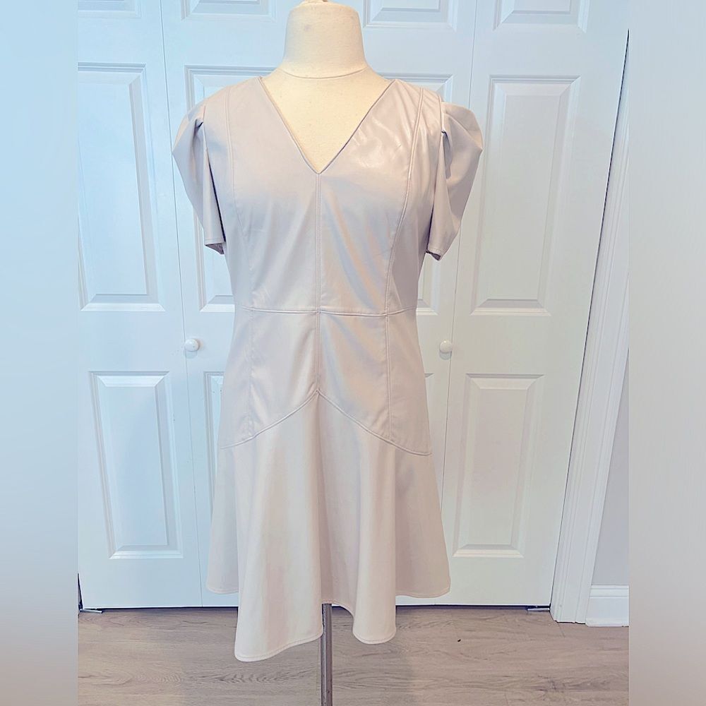 DKNY Fit & Flare Seam Panels Faux Leather Cream Dress